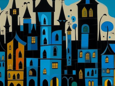 Abstract Blue and Black Castle with Stylized Trees