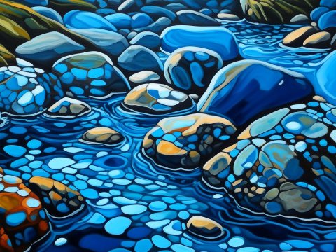 Abstract Blue River Rocks Painting