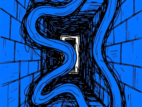 Abstract Blue Tunnel with Wavy Line Art