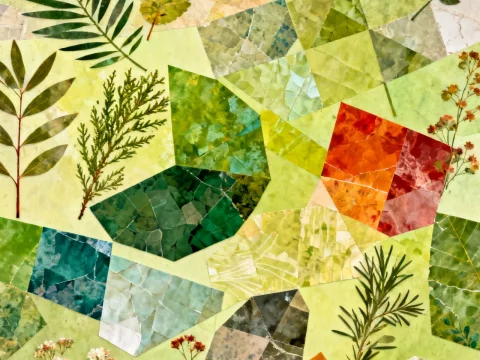 Abstract Collage of Leaves and Geometric Shapes