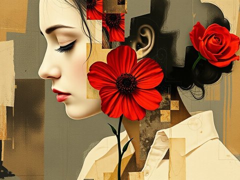 Abstract Collage of Woman with Red Flowers