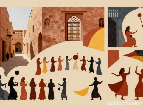 Abstract Egyptian Folk Art with Traditional Dancers and Architecture