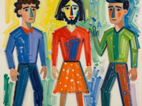 Abstract Expressionist Trio of Figures in Bold Colors