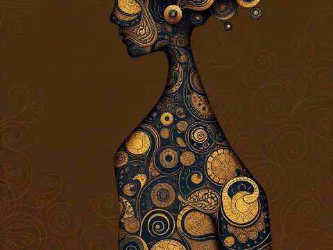 Abstract Female Silhouette with Golden Circular Patterns