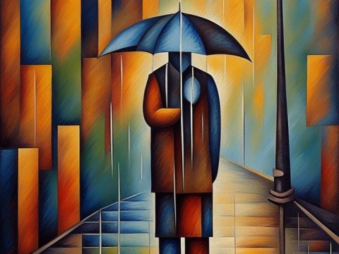 Abstract Figure with Umbrella in Rainy Cityscape