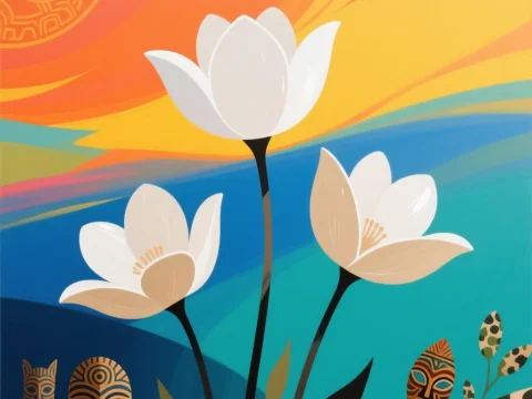 Abstract Floral Scene with Tribal Masks and Vibrant Background