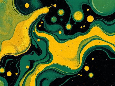 Abstract Fluid Art with Yellow and Green Swirls