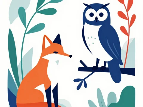 Abstract Fox and Owl with Colorful Foliage
