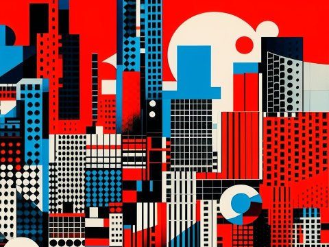 Abstract Geometric Cityscape in Bold Red, Blue, and Black