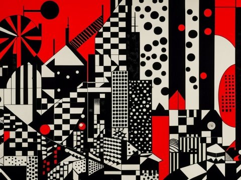 Abstract Geometric Cityscape in Red, Black, and White