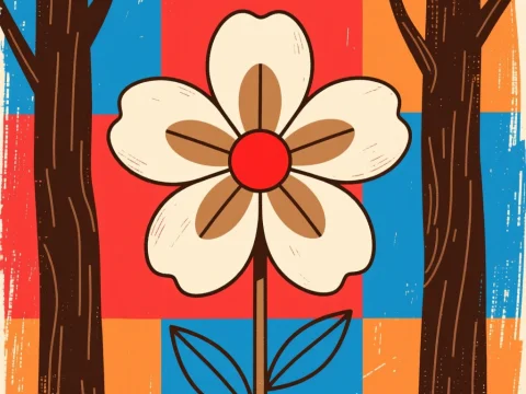 Abstract Geometric Flower with Trees on Colorful Background