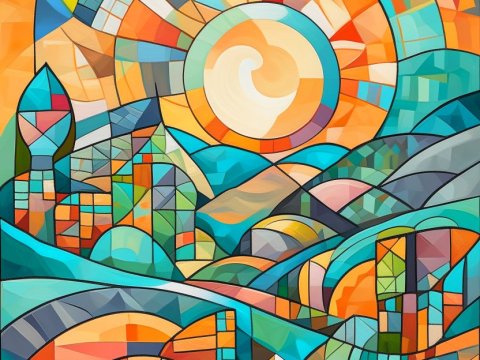 Abstract Geometric Landscape with Radiant Sun