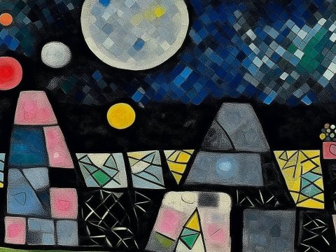 Abstract Geometric Nightscape with Celestial Bodies