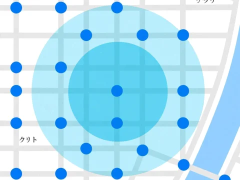 Abstract Grid Map with Highlighted Blue Nodes and Circles