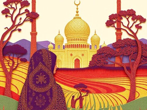 Abstract Islamic Landscape with Family and Mosque