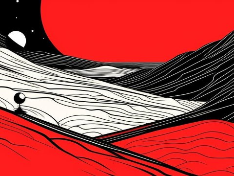 Abstract Landscape with Bold Red, Black, and White Lines