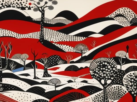 Abstract Landscape with Red, Black, and White Patterns