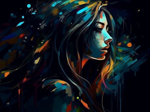 Abstract Night Portrait of a Girl in Vibrant Colors