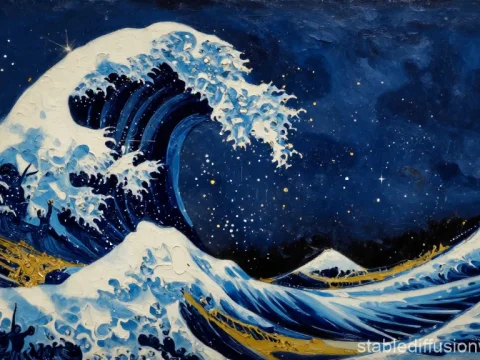 Abstract Night Wave with Starry Sky