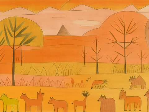 Abstract Orange Landscape with Stylized Animals and Trees