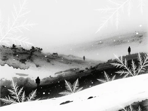 Abstract Snowy Landscape with Silhouetted Figures