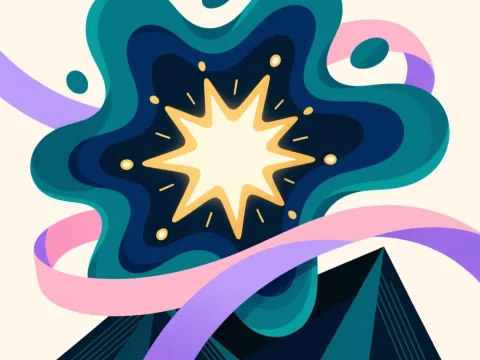 Abstract Starburst with Flowing Ribbons and Geometric Shapes