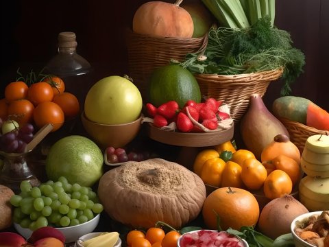 Abundant Fresh Fruits and Vegetables on a Rustic Table
