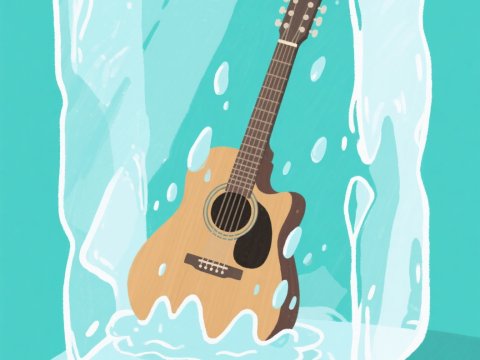 Acoustic Guitar Frozen Inside a Melting Ice Cube