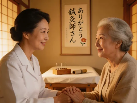 Acupuncturist Comforting Elderly Woman in Traditional Clinic