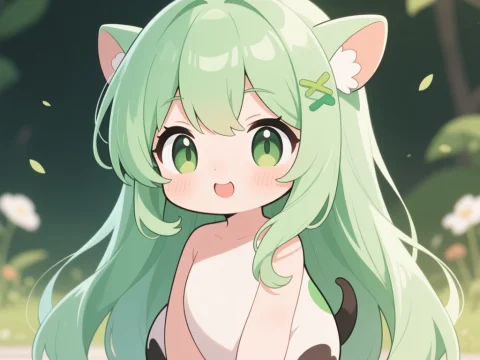 Adorable Anime Cat Girl with Long Green Hair