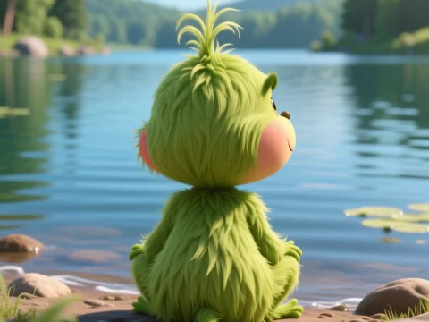 Adorable Baby Grinch Sitting by a Peaceful Lake