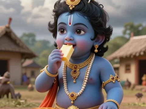 Adorable Baby Krishna Eating Butter in Village Setting