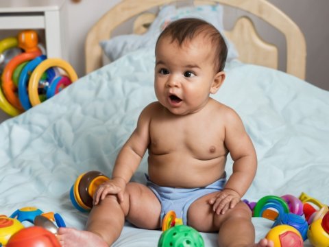Adorable Baby Sitting on Bed Surrounded by Colorful Toys