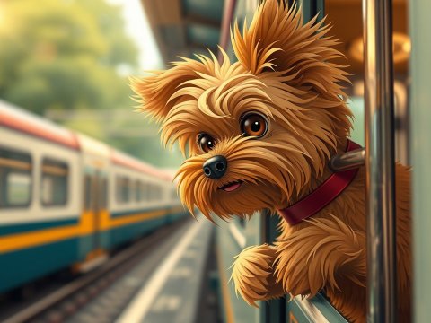 Adorable Brown Toy Terrier Looking Out of Train Window