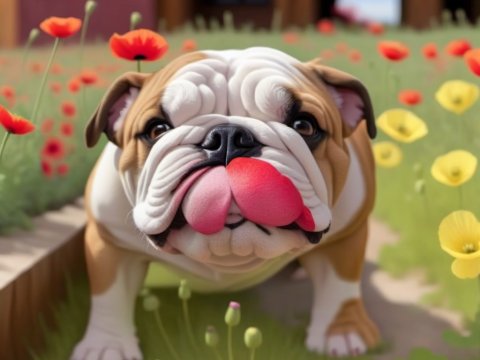 Adorable Bulldog Puppy in a Colorful Flower Garden
