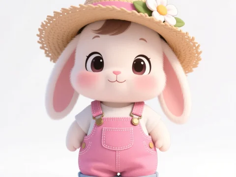 Adorable Bunny in Pink Overalls and Straw Hat
