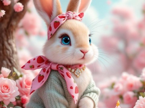 Adorable Bunny in Sweater with Cupcake Among Pink Blossoms