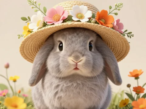 Adorable Bunny Wearing a Floral Straw Hat