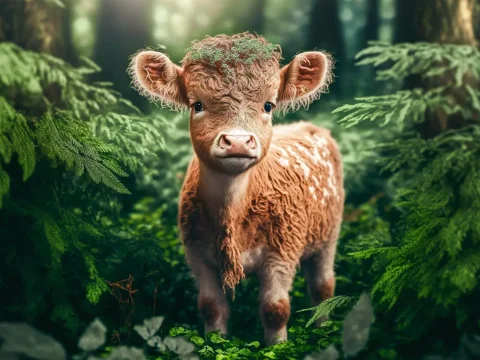 Adorable Calf in a Lush Forest