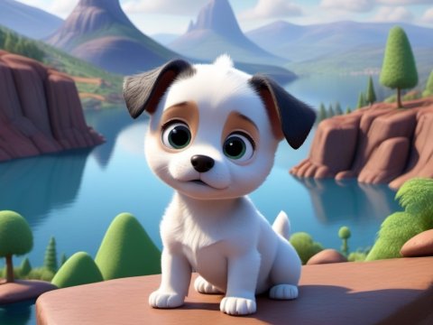 Adorable Cartoon Puppy by a Scenic Lake