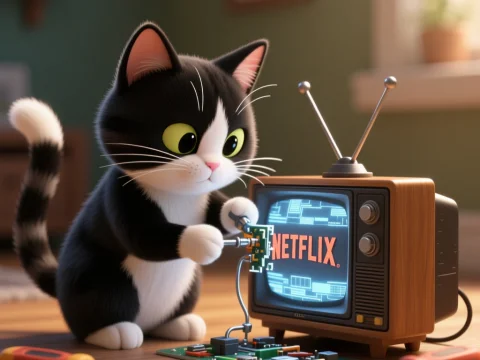 Adorable Cat Fixing Vintage TV Displaying Netflix Logo