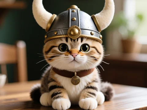 Adorable Cat Wearing Viking Helmet