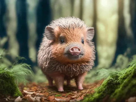 Adorable Fluffy Baby Pig in Forest