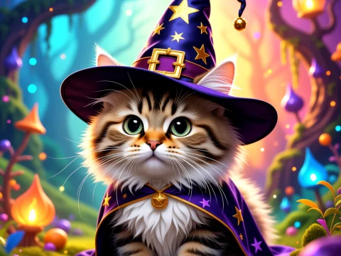 Adorable Fluffy Cat in Wizard Costume in Enchanted Forest