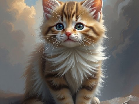 Adorable Fluffy Kitten with Blue Eyes in a Dreamy Landscape