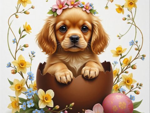 Adorable Golden Cocker Spaniel Puppy in Easter Egg