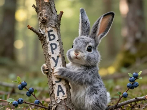 Adorable Gray Bunny Holding a Tree Trunk in Forest