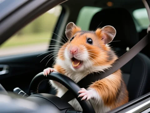Adorable Hamster Driving a Car with Excited Expression