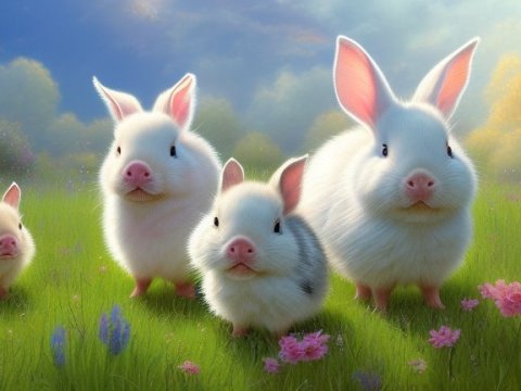 Adorable Hybrid Creatures: Piglets with Bunny Ears in a Meadow