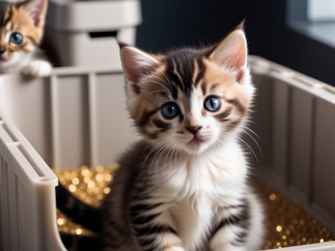 Adorable Kitten with Blue Eyes in a Plastic Container